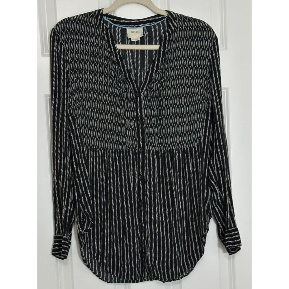 Anthropologie Maeve Calia Black & White Printed Button Down Tunic Top Size 6